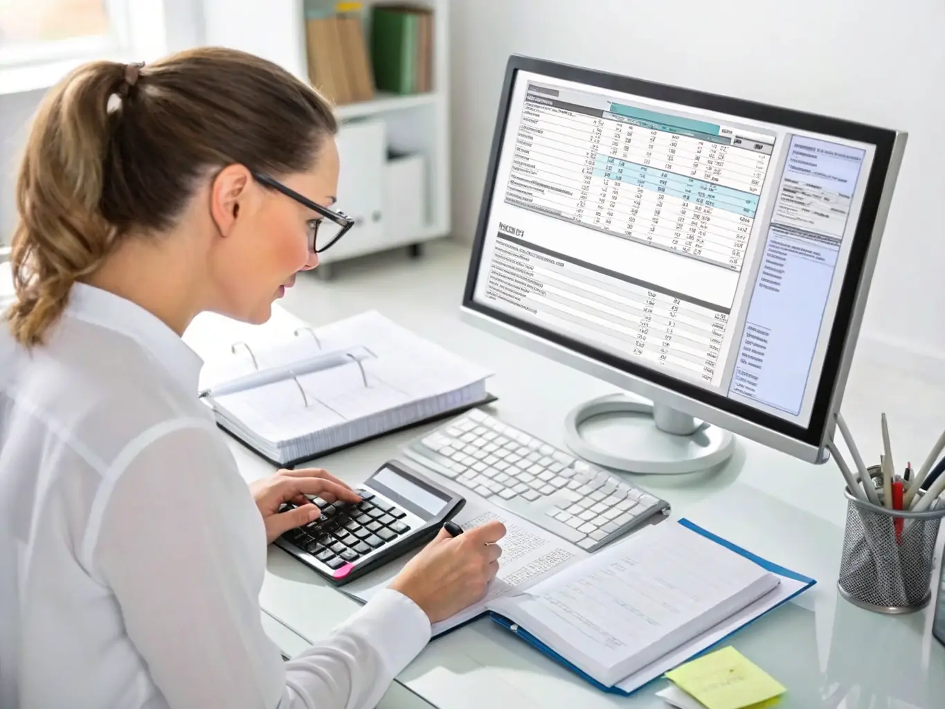 A person working on QuickBooks on a computer, symbolizing expertise.
